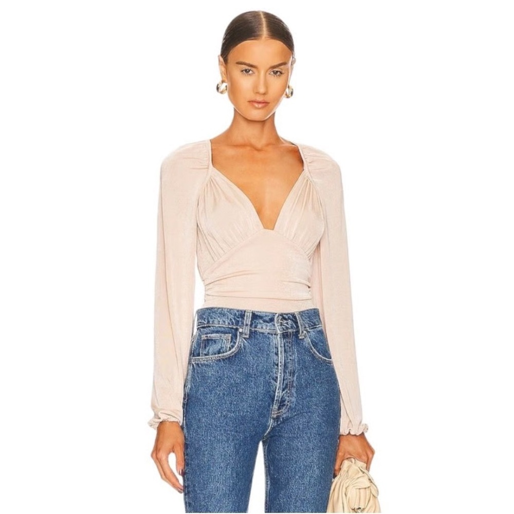 Free People Shimmering Beige Long Sleeve Bodysuit